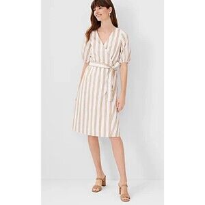 ANN TAYLOR Striped Wrap Midi Dress in Whiskey Cream, Sz S